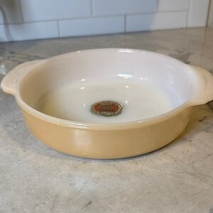 Fire King round casserole dish. pearl lusterwear iridescent glaze.